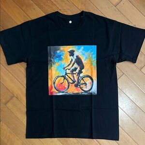 Men’s Black T-Shirt with Abstract Cyclist Print – Medium Casual Streetwear Tee